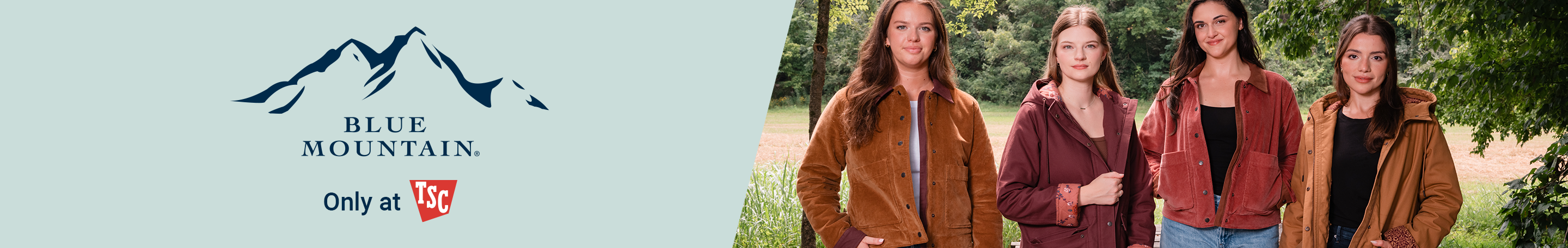 Blue Mountain, only at Tractor Supply. Four women wearing fall jackets are shown.