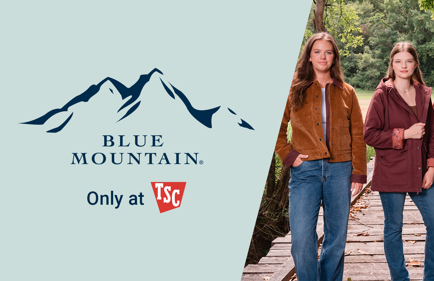 Blue Mountain, only at Tractor Supply. Four women wearing fall jackets are shown.