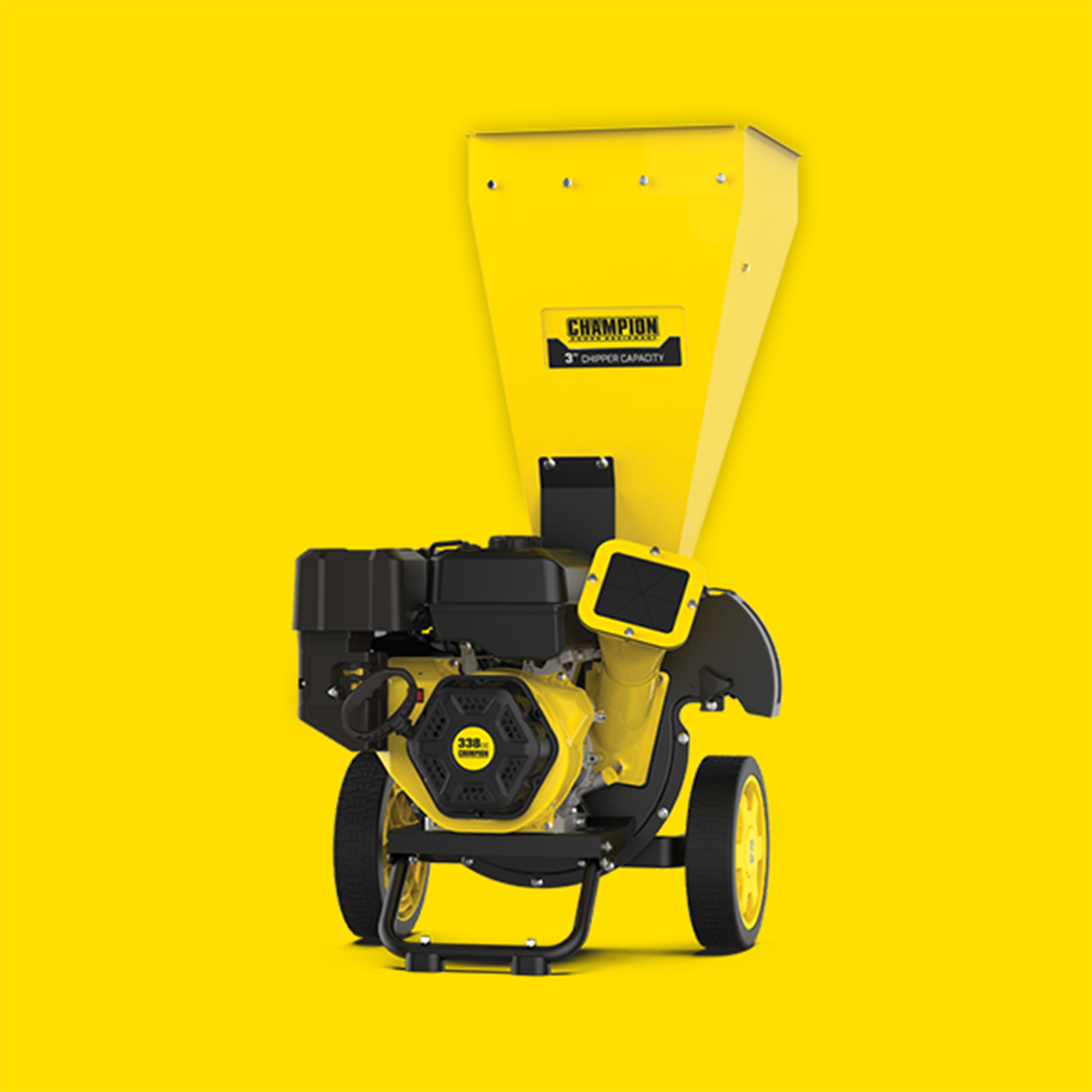 A Champion Power Equipment portable chipper/shredder with collection bag