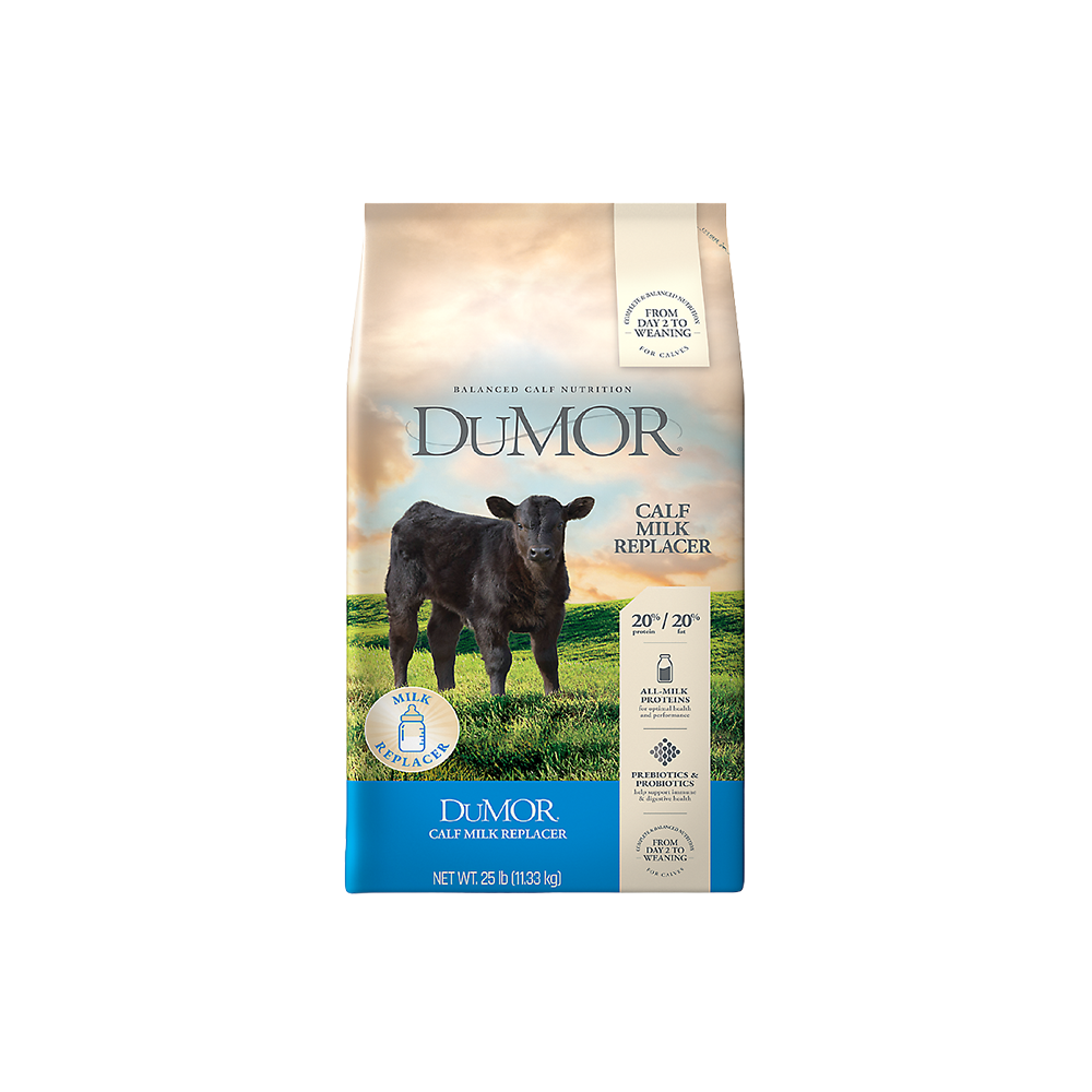 Shop milk replacers. A bag of calf milk replacer shown.