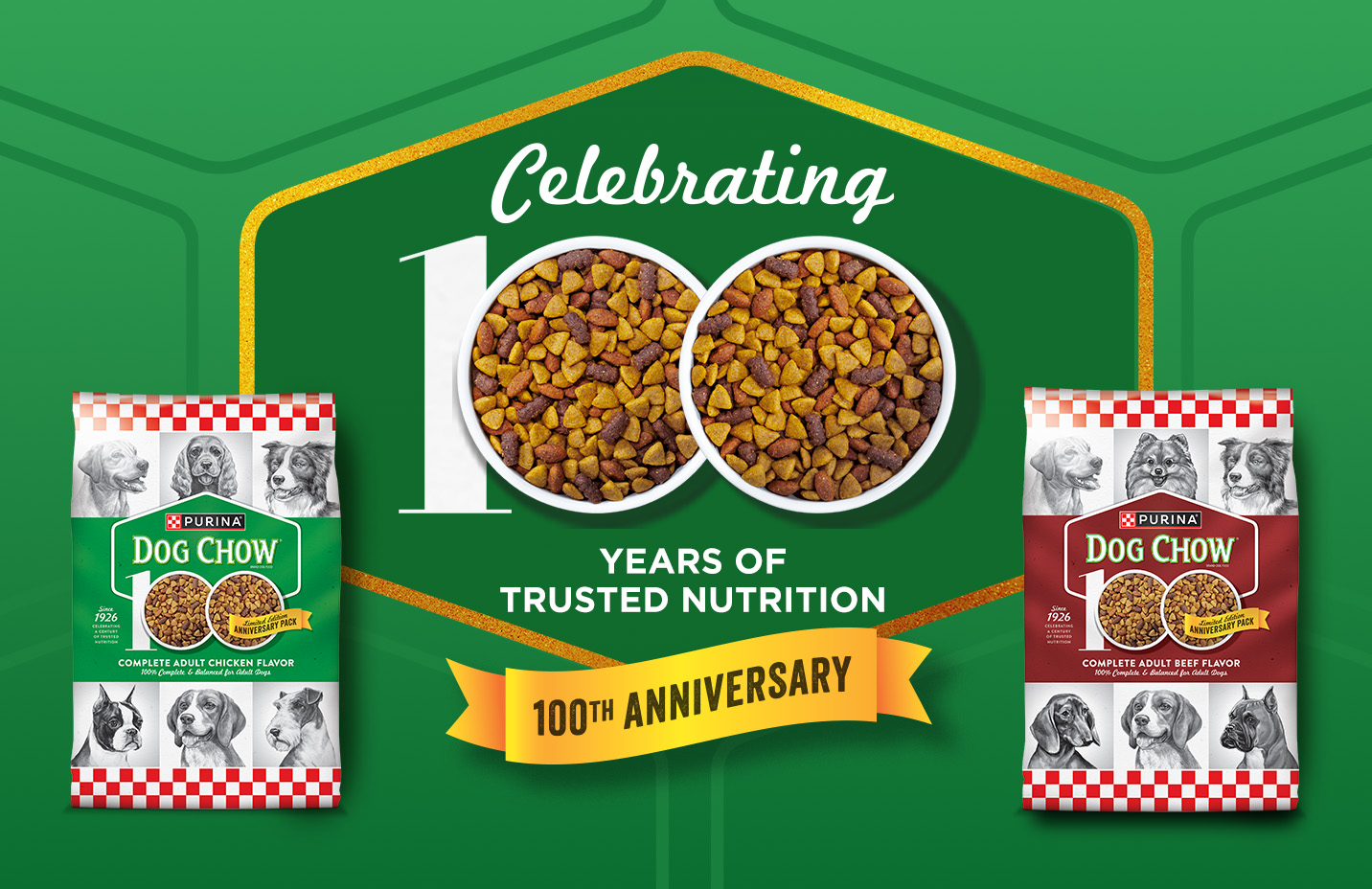 Purina Dog Chow banner reading, celebrating 100 years of trusted nutrition, featuring a dog and Dog Chow product bags.