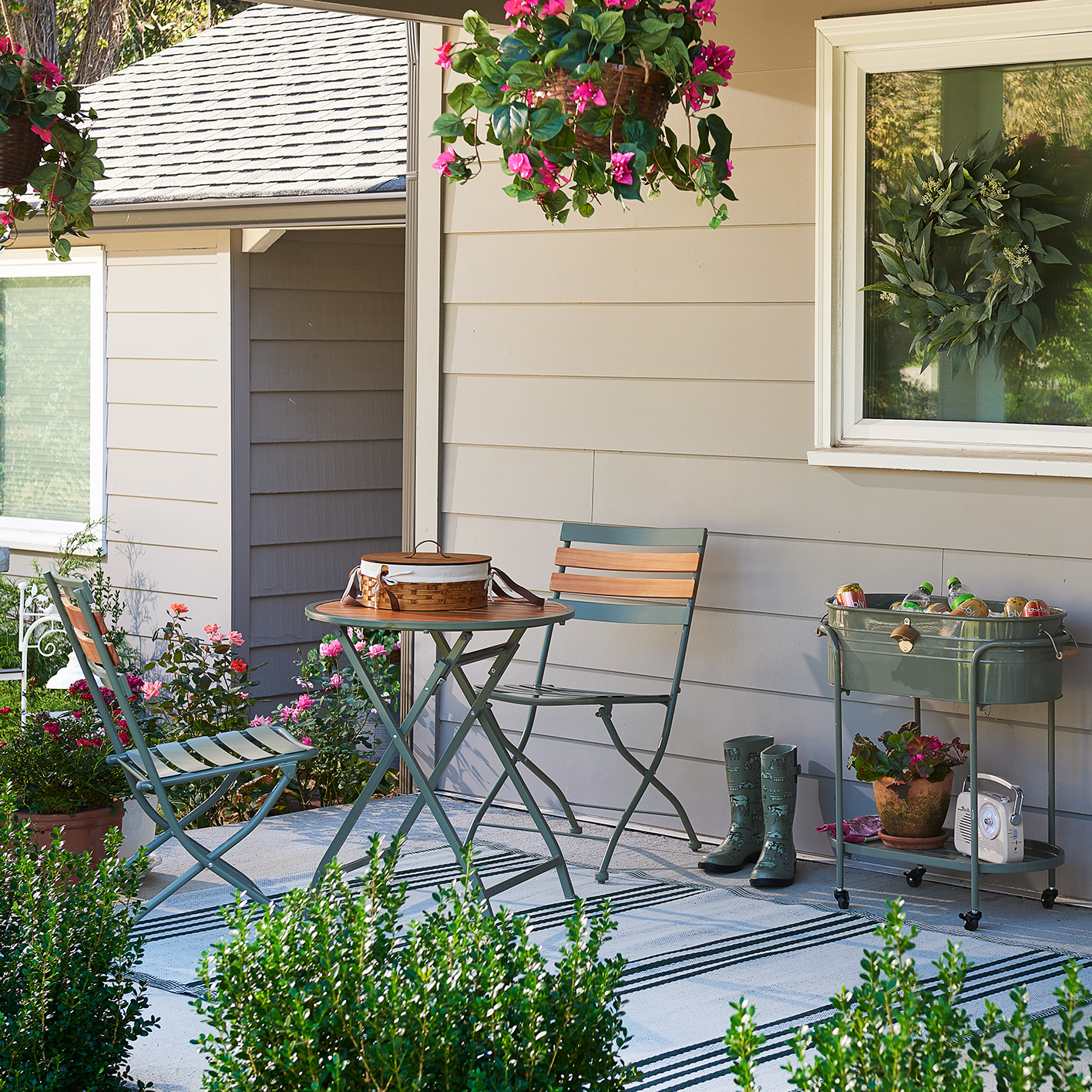 Red Shed small outdoor bistro set with folding table and chairs. See items.