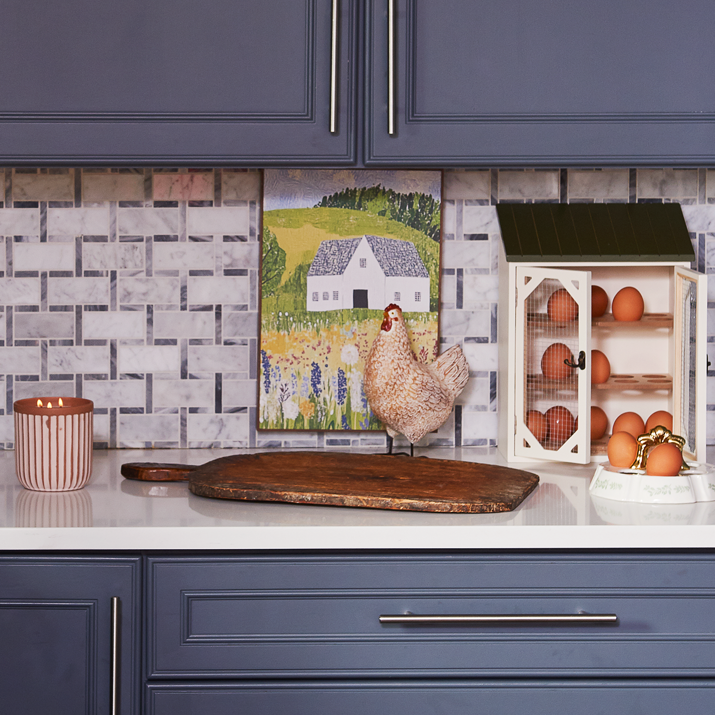 Farmhouse kitchen decor: chicken figurine and coop egg holder. See items.