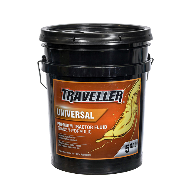 A pail of Traveller hydraulic fluid