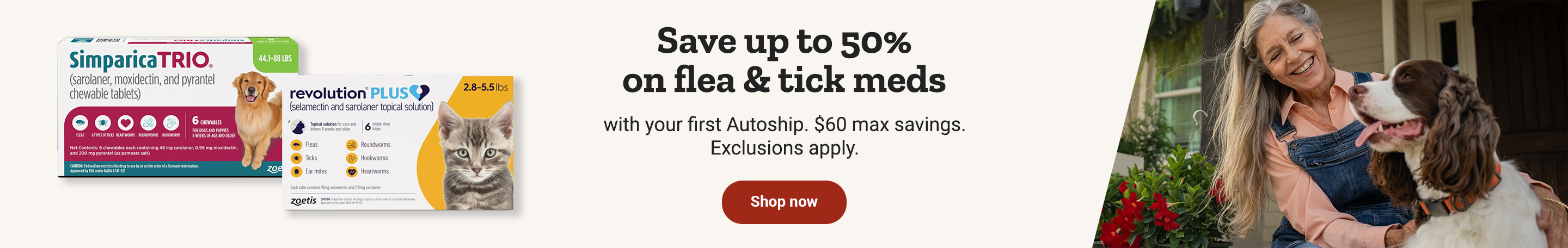 Pet medications and the Neighbor’s Club Rewards logo are shown. Banner reads, save up to 50 percent. Save 60 dollars on first autoship. Shop now.