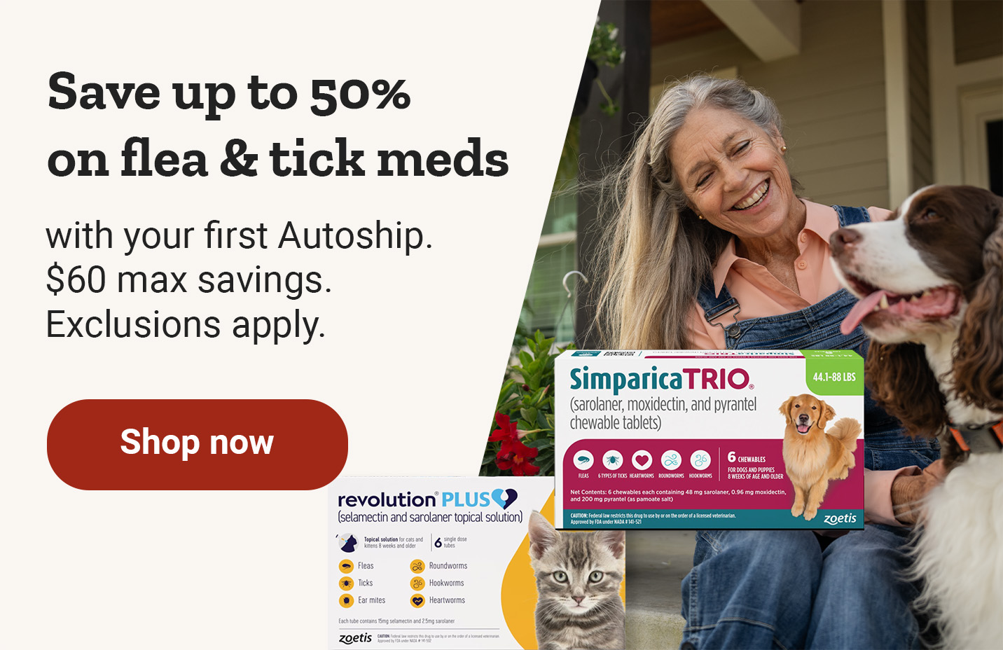 Pet medications and the Neighbor’s Club Rewards logo are shown. Banner reads, save up to 50 percent. Save 60 dollars on first autoship. Shop now.