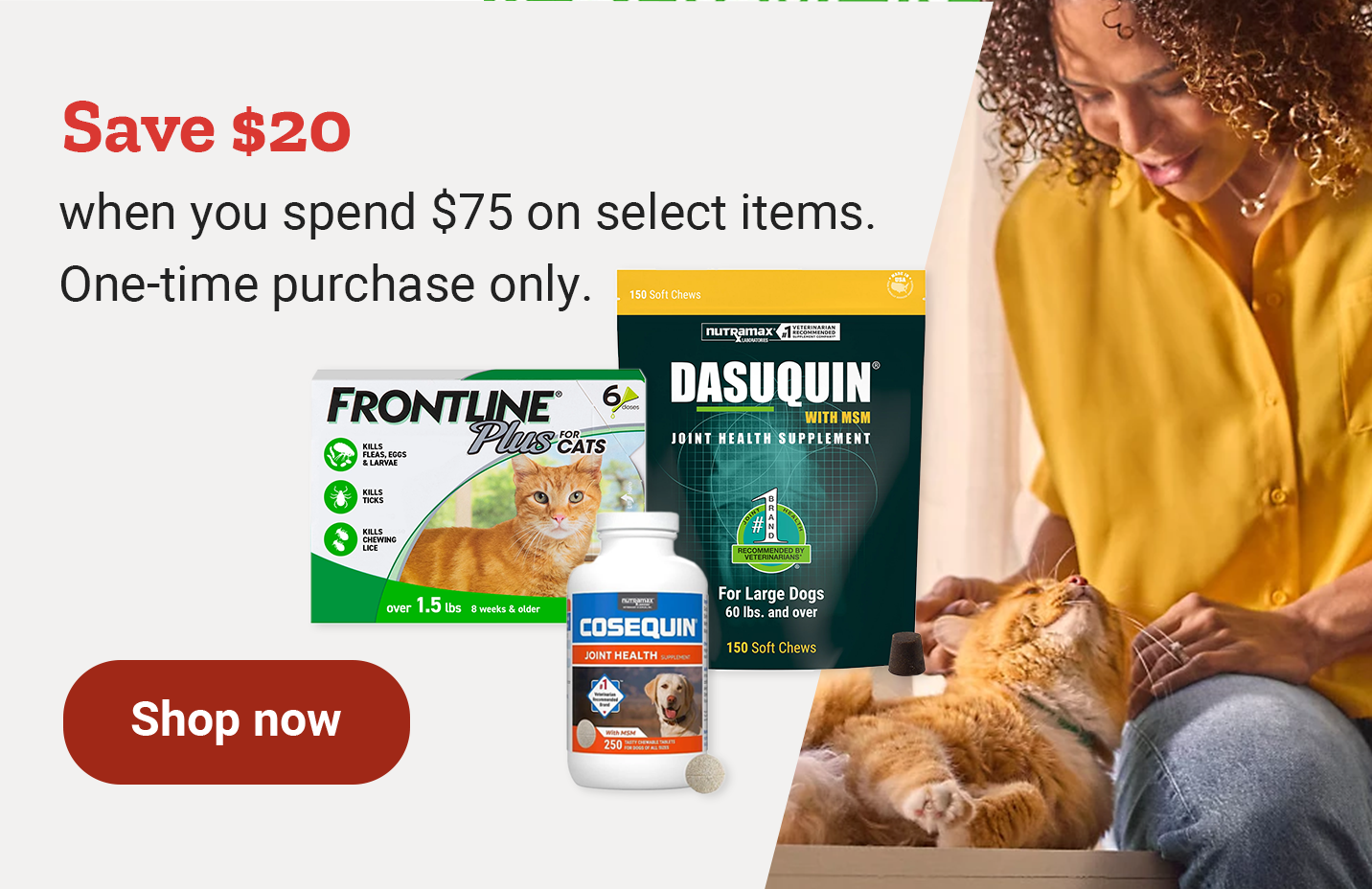 Save 20 dollars when you spend 75 dollars on select items. One-time purchase only. Shop now.