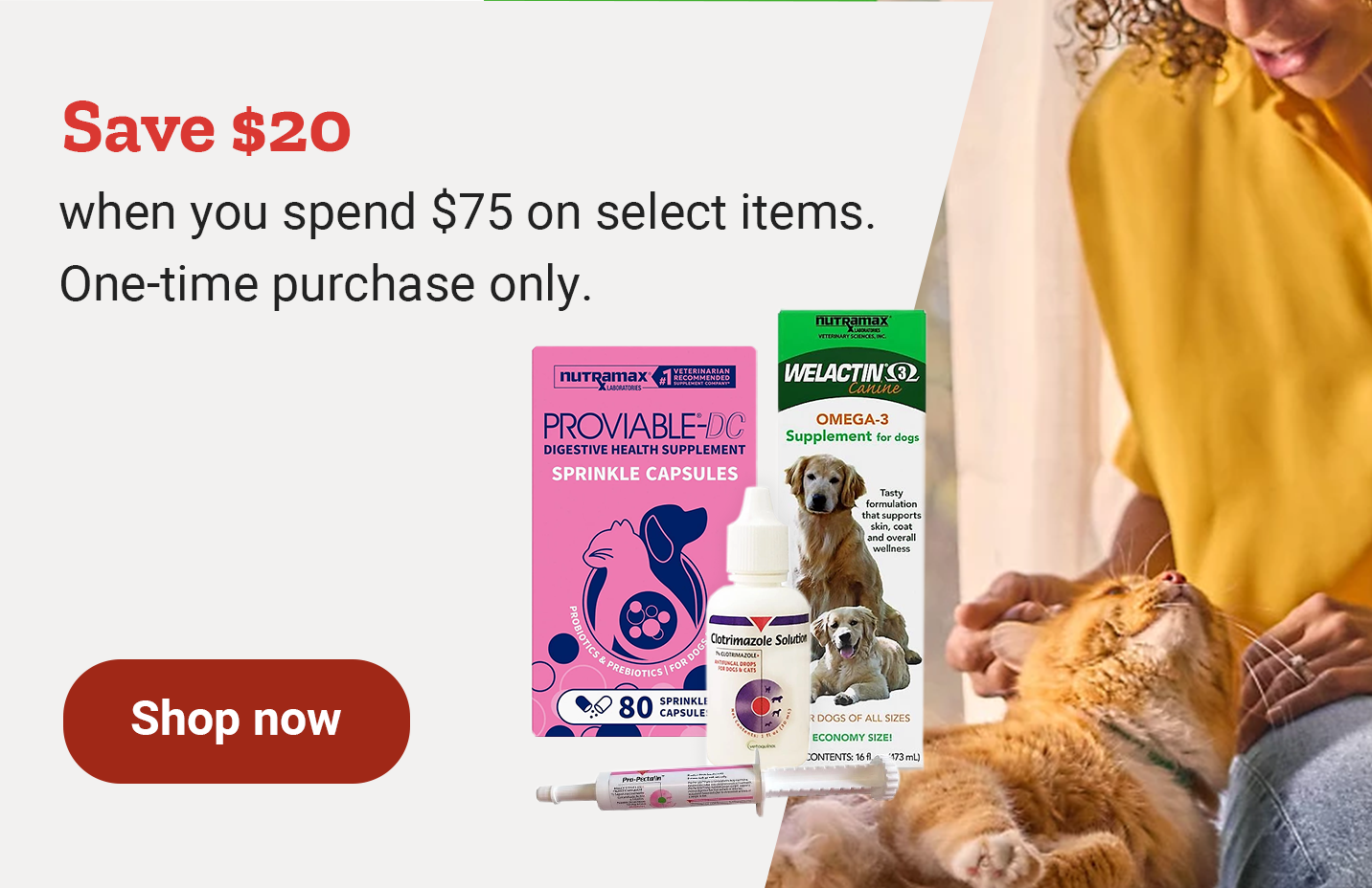 Save 20 dollars when you spend 75 dollars on select items. One-time purchase only. Shop now.