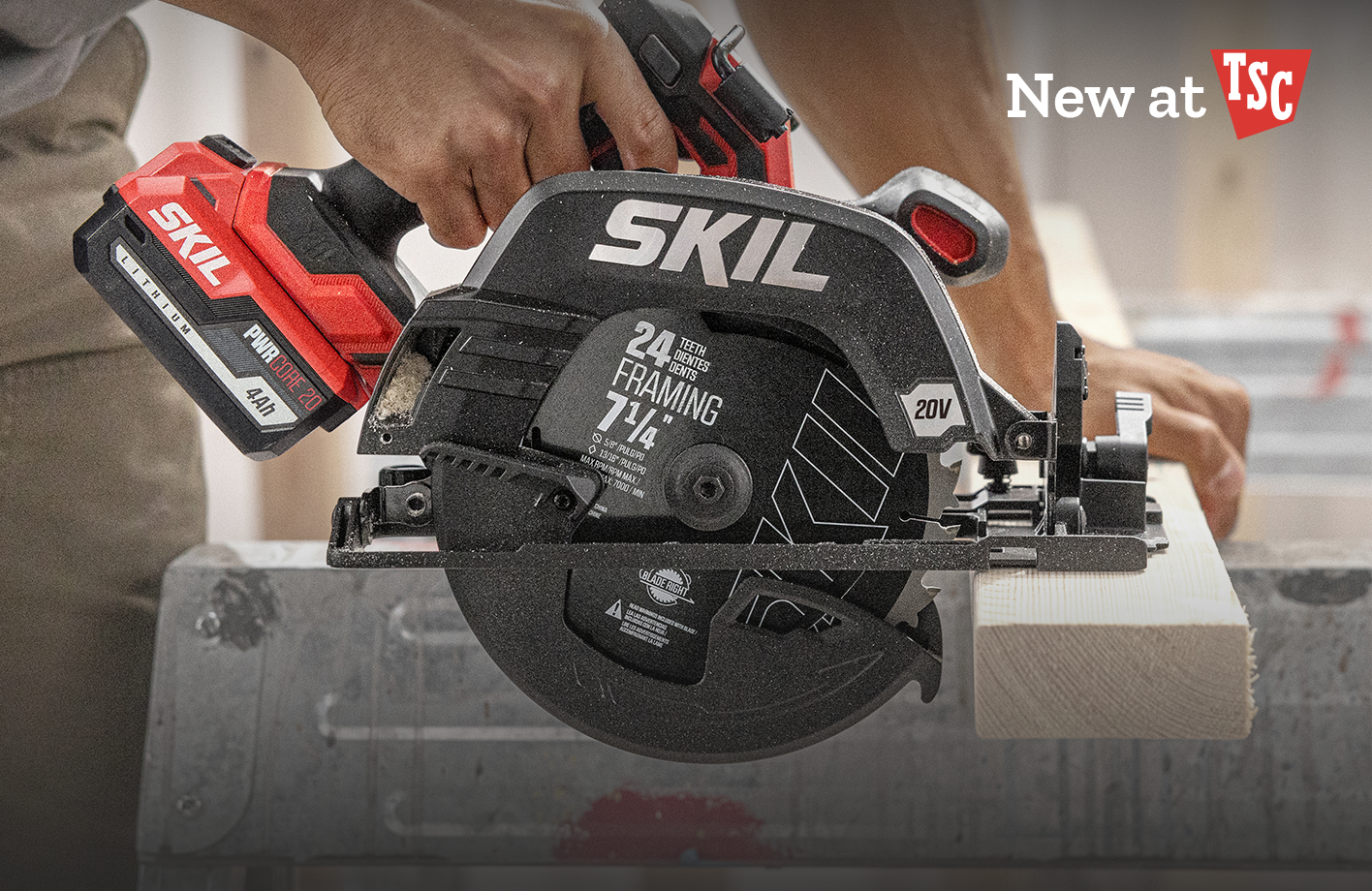 SKIL banner reading, New at TSC. Trusted tools that work for your budget, featuring a person using a circular saw and a Shop now button.