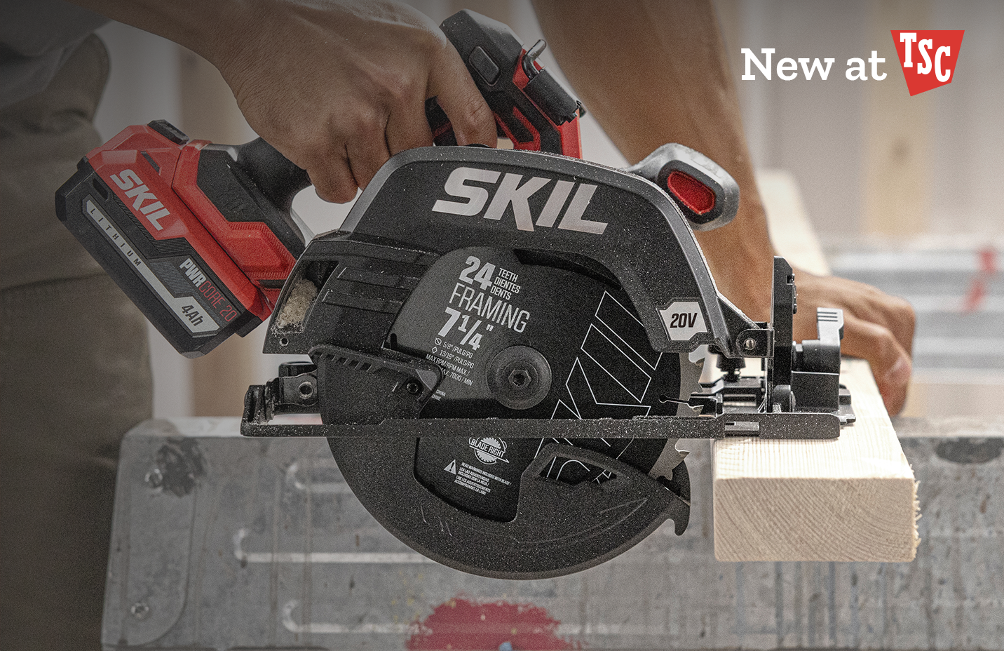 SKIL banner reading, New at TSC. Trusted tools that work for your budget, featuring a person using a circular saw and a Shop now button.