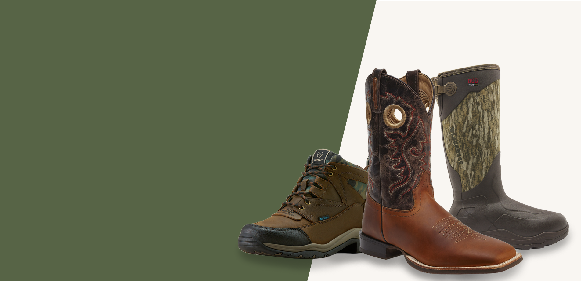 A hiking boot, cowboy boot and tall outdoor boot are shown. Banner reads, fall-ready boots and shoes. Tried-and-true favorites, made for every day. Shop now.