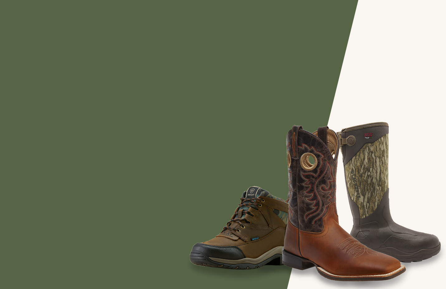 A hiking boot, cowboy boot and tall outdoor boot are shown. Banner reads, fall-ready boots and shoes. Tried-and-true favorites, made for every day. Shop now.