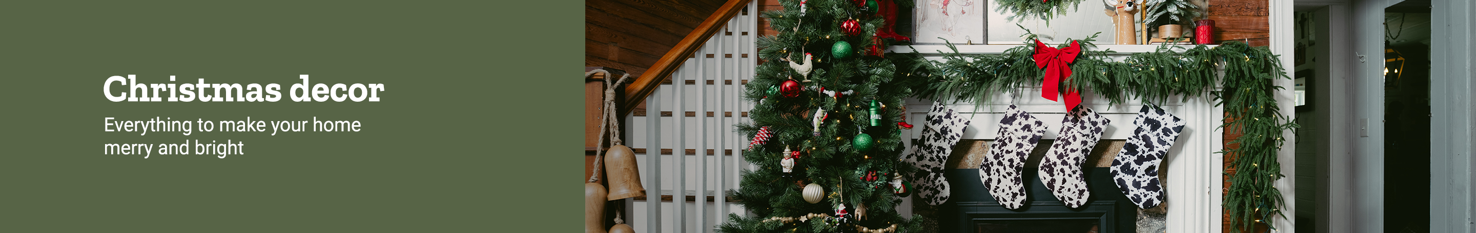 Christmas decor. Christmas greenery, ornaments and holiday decorations are shown. Everything to make your home merry and bright.