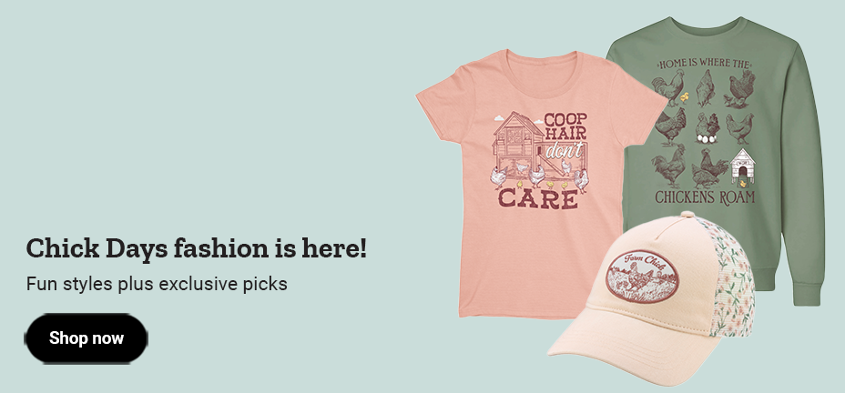 Banner with text, Chick Days fashion is here. An image of graphic tees and a hat. Shop now. 