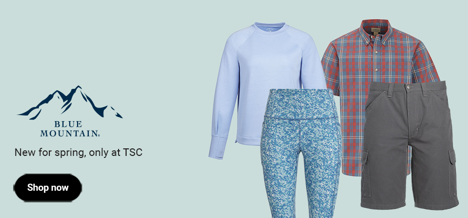 Blue Mountain banner showing spring shirts, shorts and leggings. Shop now.