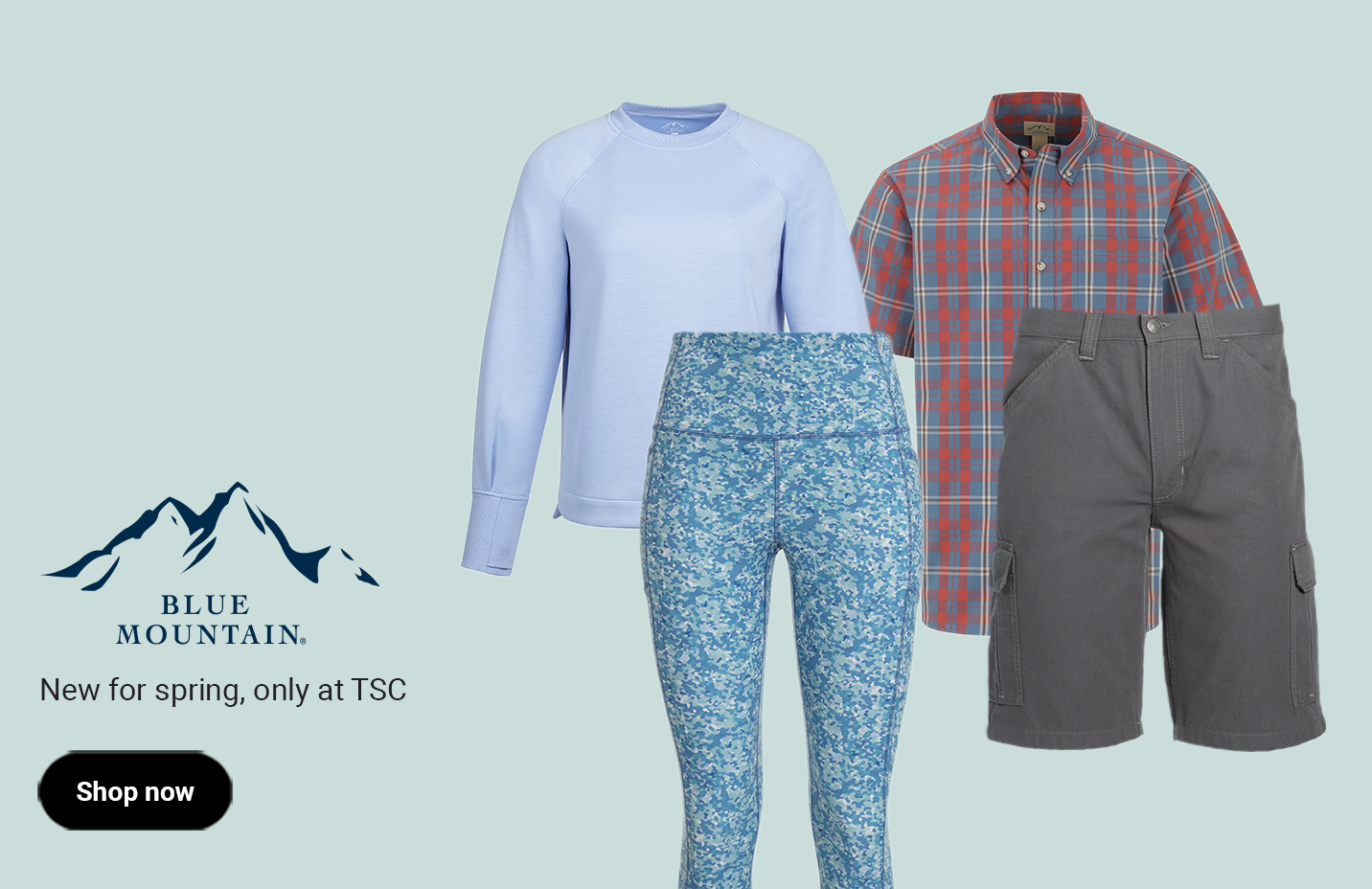 Blue Mountain banner showing spring shirts, shorts and leggings. Shop now.