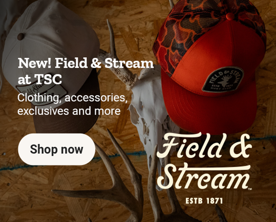 Two Field and Stream baseball caps hanging from skull decor and the text, New! Field and Stream clothing and accessories. TSC exclusives and more.