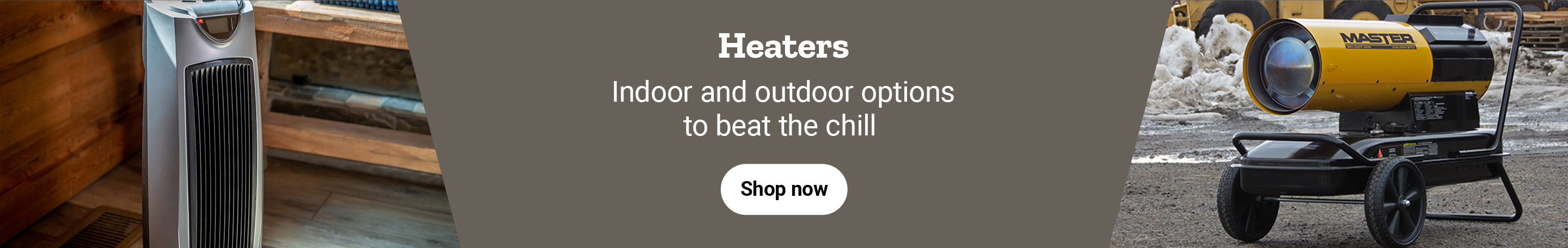 A split banner with a patio heater on the left and a forced air heater on the right
