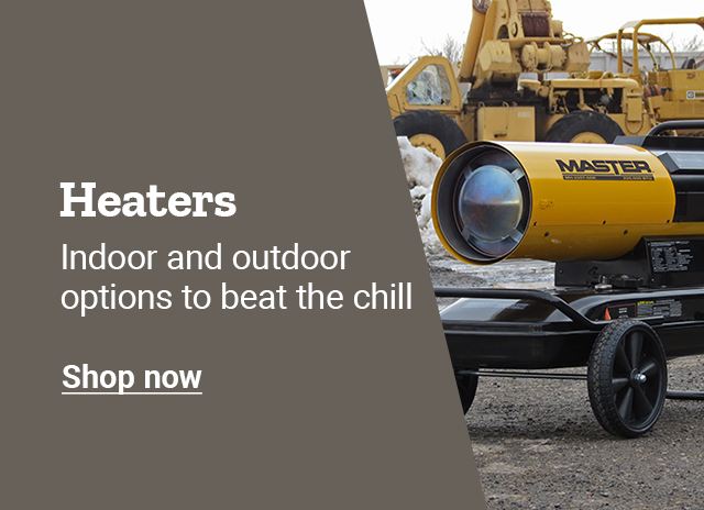 A split banner with a patio heater on the left and a forced air heater on the right