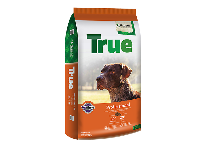 A bag of Nutrena brand dry dog food and the text: Save 5 dollars on a 50 pound bag of Nutrena true dry dog food.