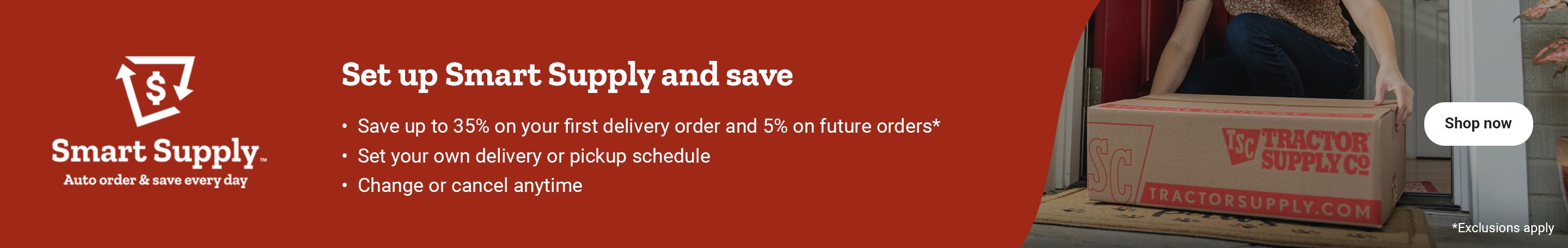 Banner reading, Set up Smart Supply , Save up to 35% on your first order, 5% on future orders. Shop now.