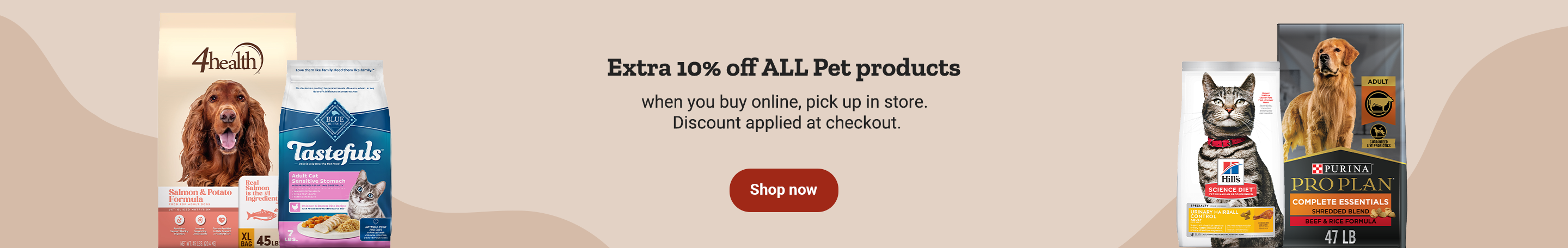 Banner reading, extra 10 percent off when you buy online, pick up in store. Discount applied at checkout. Shop now.