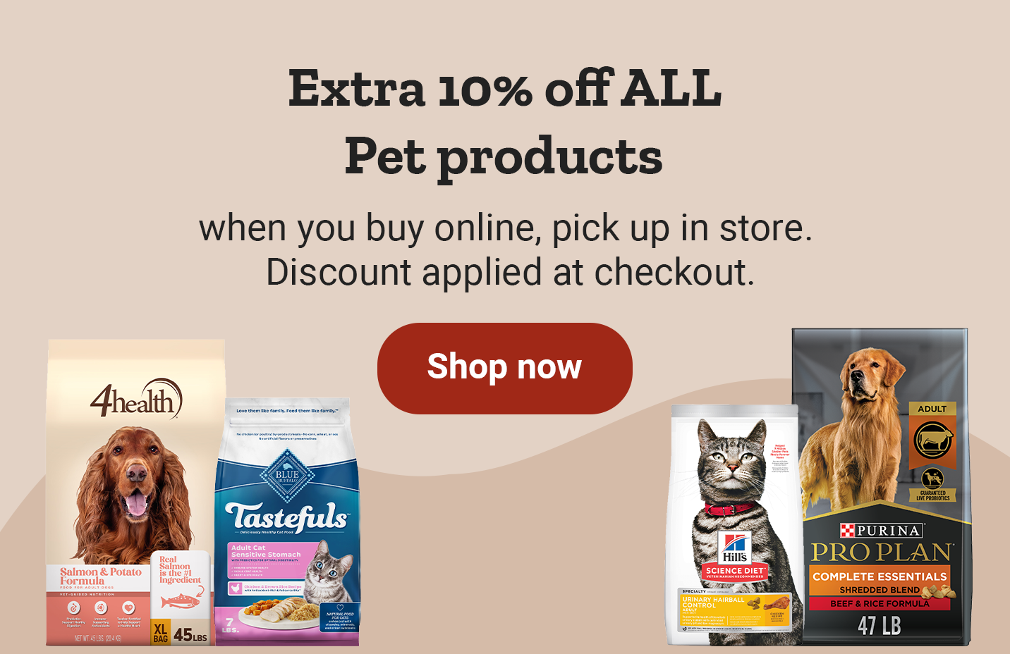 Banner reading, extra 10 percent off when you buy online, pick up in store. Discount applied at checkout. Shop now.