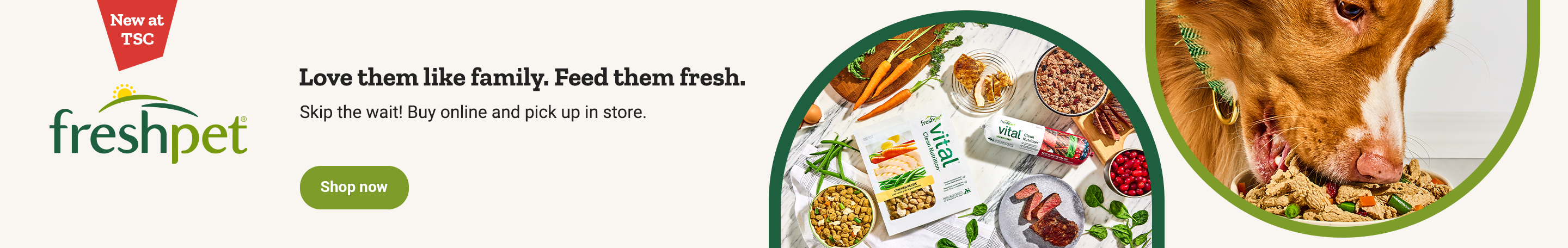 Promotional banner for freshpet dog food reading, love them like family. Feed them fresh. Skip the wait. Buy online and pick up in store.
