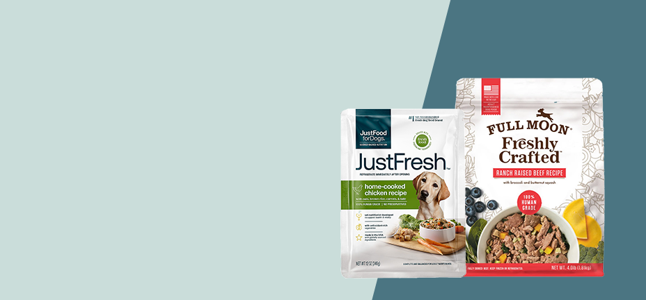 Two bags of Full Moon and Just Fresh pet food and the text: Fresh and frozen dog food. Extra tasty, nutritious human-grade meals. Shop now.