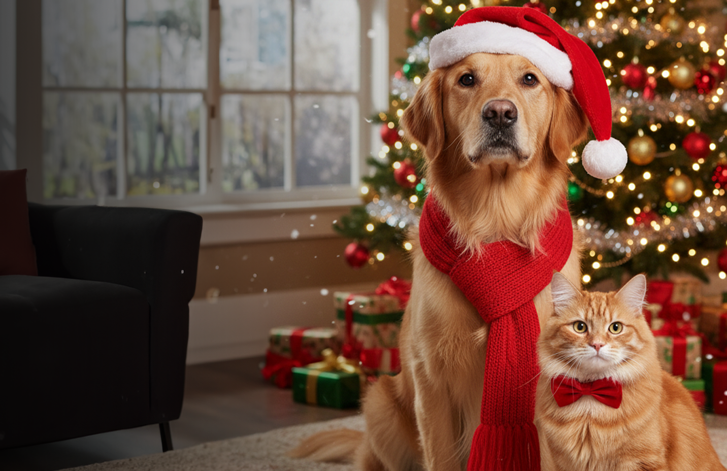 A woman and dog in a holiday setting with the text, shop pet gifts, treats and toys.