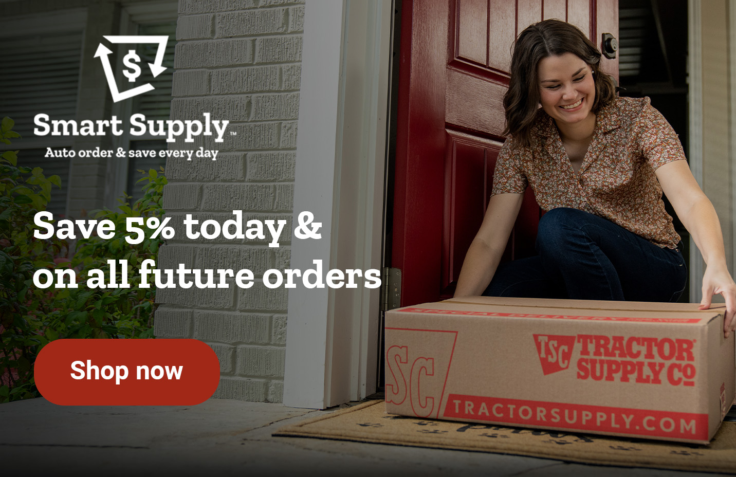 A Smart Supply delivery box is shown. Banner reads, save 5 percent today and on all future orders. Pickup or delivery on your schedule, plus free delivery on orders 49 dollars and 99 cents or more. Skip, change or cancel anytime. Exclusions apply. Shop no