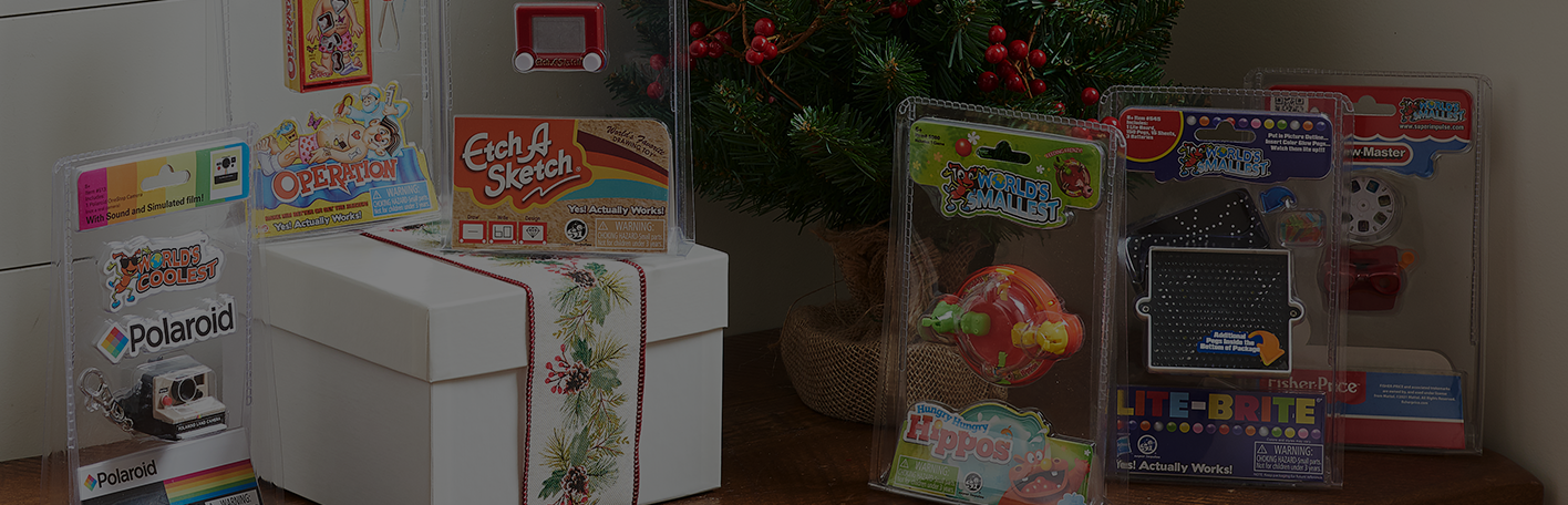 World’s Smallest toys are shown. Banner reads, stocking stuffers. Featuring World’s Smallest tiny toys for big joy. Shop now.