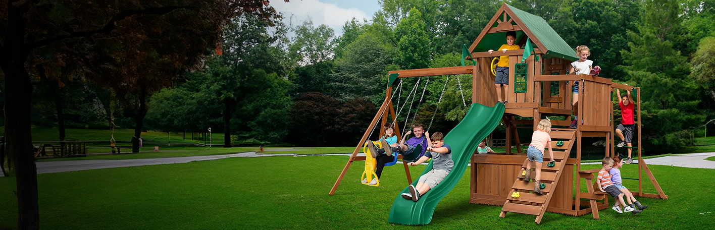 Promotional banner reading, Outdoor swingsets and playsets. Built for action-packed days outside.