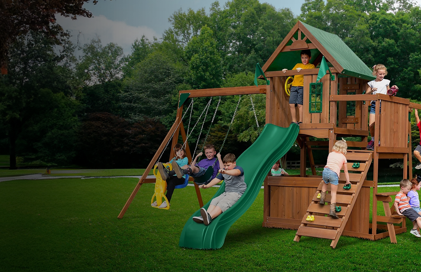 Promotional banner reading, Outdoor swingsets and playsets. Built for action-packed days outside.
