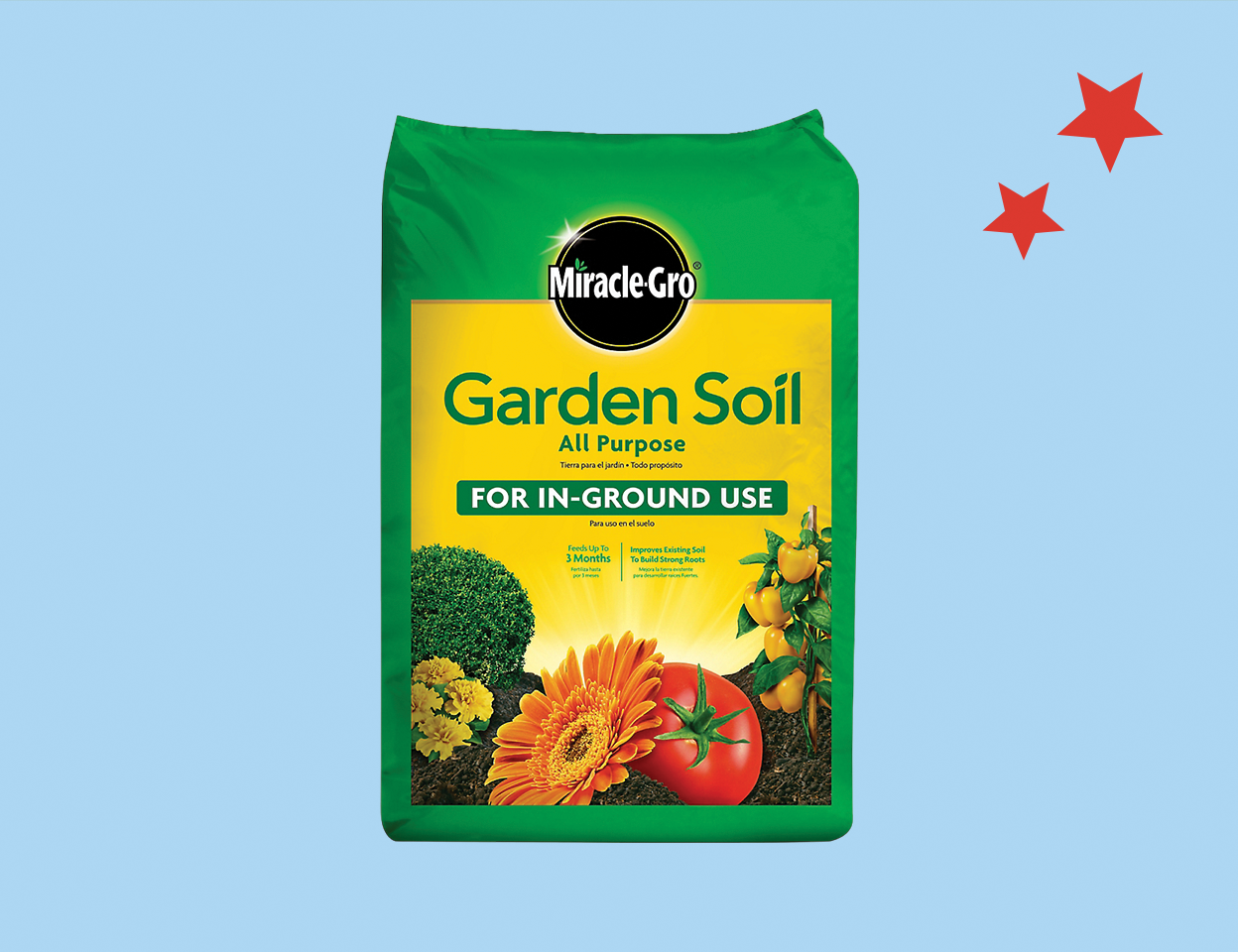 Deals tile with text, 2 for 10 dollars on Miracle Gro garden soil. Shop now.