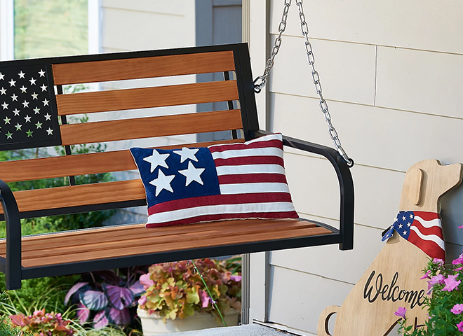 Deals tile reading Save 20 percent on new Americana decor with patriotic bench shown. Shop now.