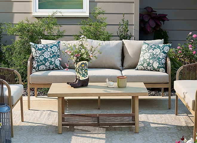 Deals tile reading Save 20 percent on patio furniture and decor with outdoor seating shown. Shop now.