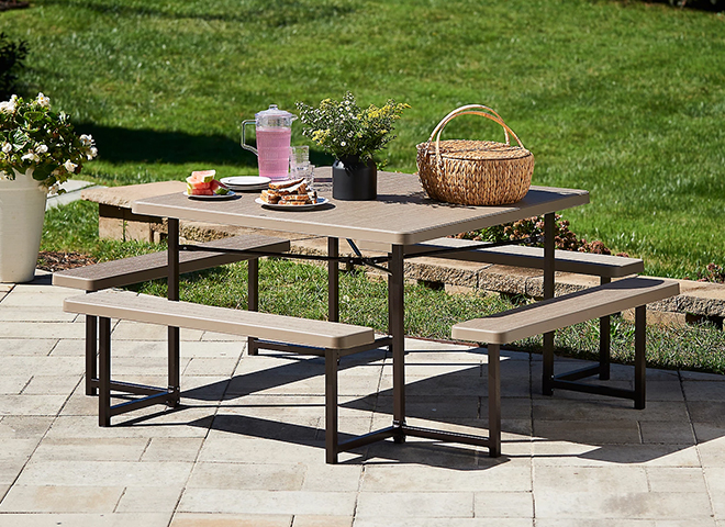 Deals tile reading Save 20 percent, starting at 49.99 dollars on picnic tables with outdoor table shown. Shop now. 