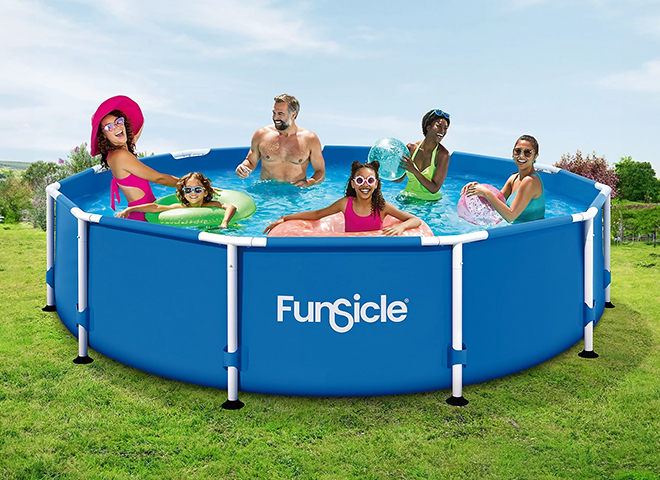 Deals tile reading Save 20 percent on pools and accessories with people sitting in an above ground pool. Shop now.