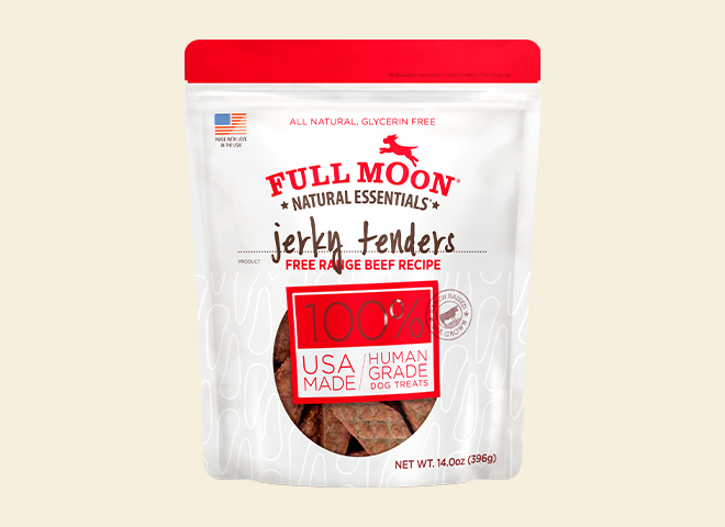 Promotional tile with text buy one, get one 50 percent off full moon dog treats