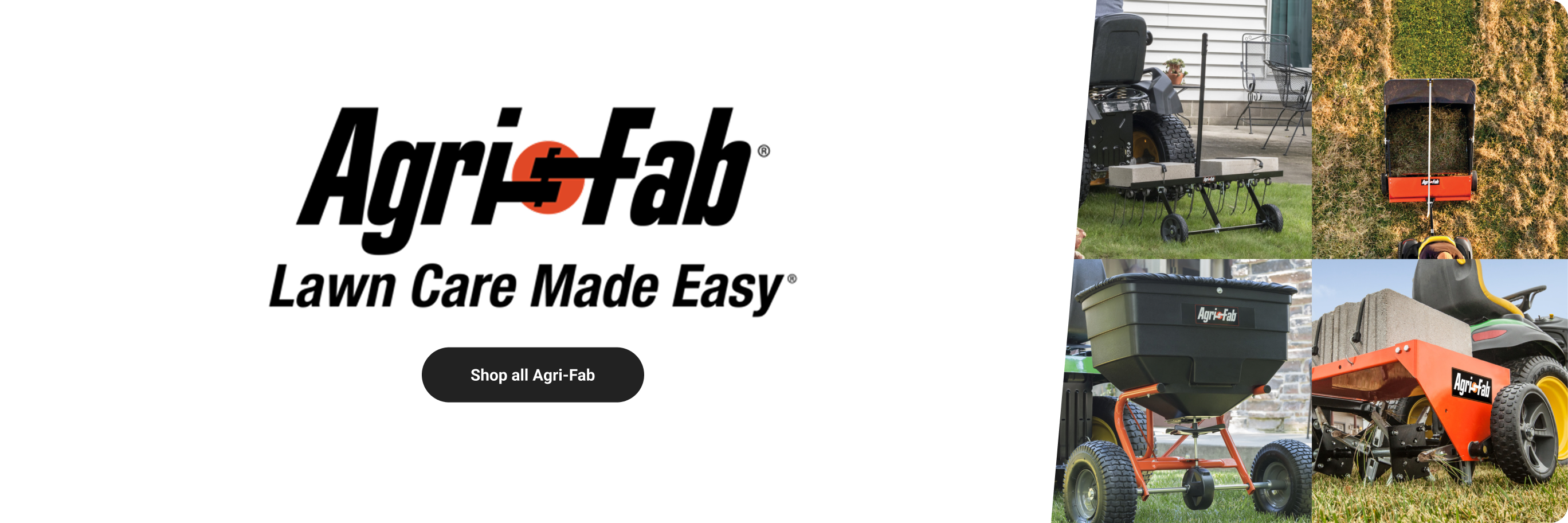 3 Agri-fab mowers shown. Text reads, Agri-fab. Lawn care made easy. 