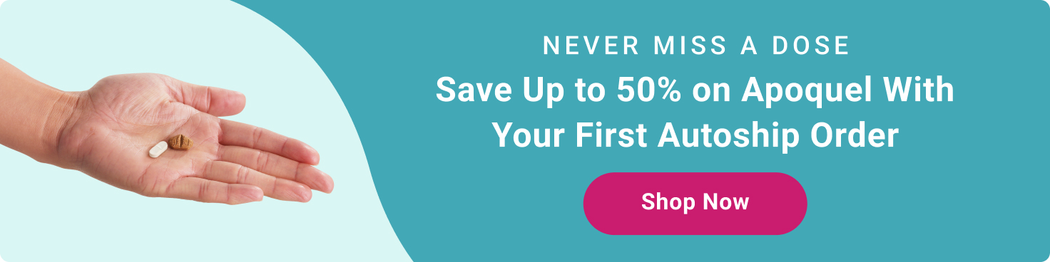 A promotional banner for Apoquel to save 50 percent with your first Autoship order. Shop now.