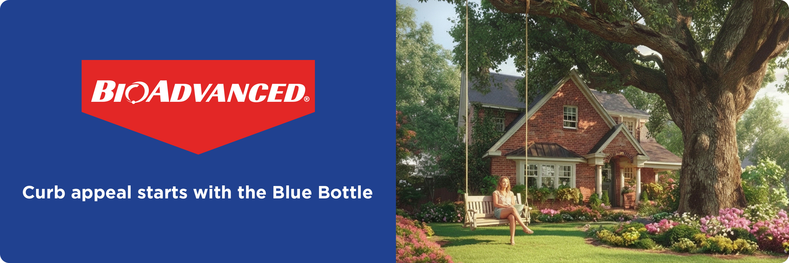 BioAdvanced brand banner with text, Curb appeal starts with the Blue Bottle, featuring a landscaped yard and home.