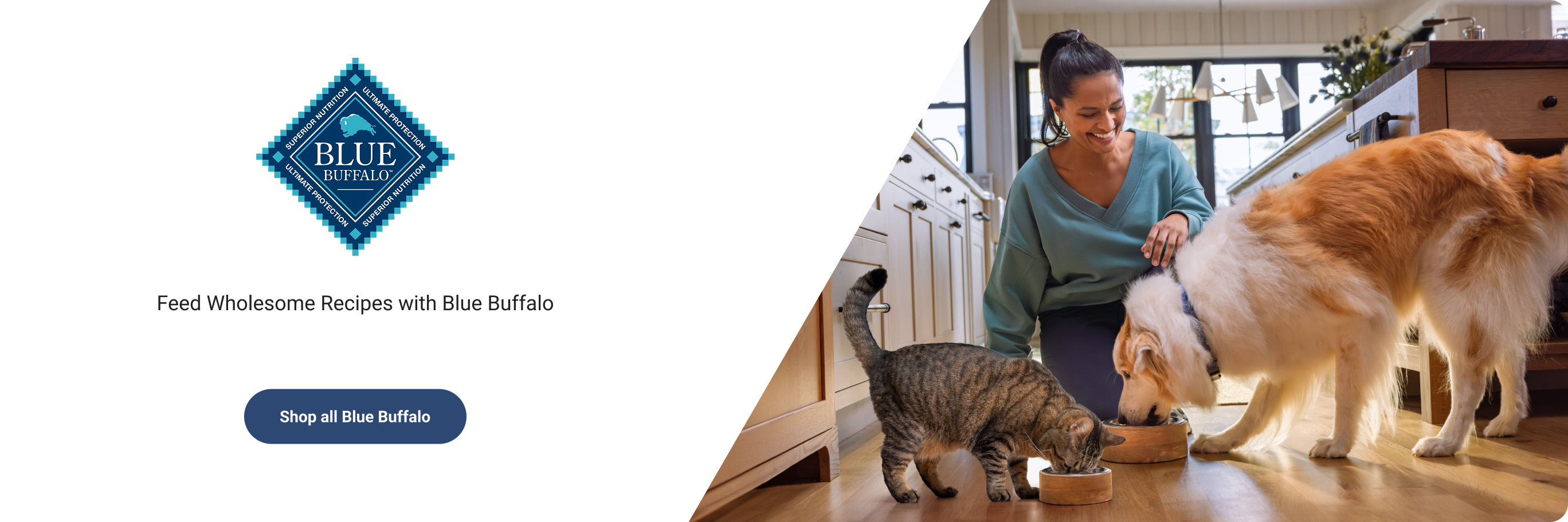 A woman feeding a dog and a cat. Text, Blue Buffalo. Feed wholesome recipes with Blue Buffalo. Shop now.