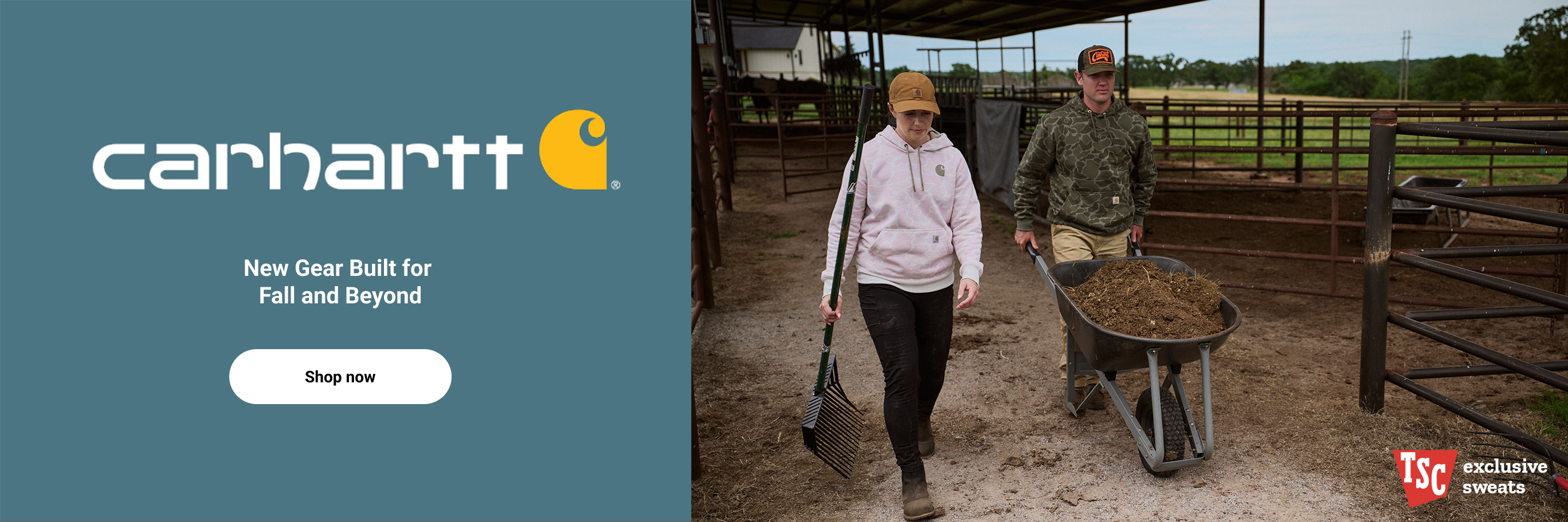 Banner for Carhartt with the text, New gear built for fall and beyond. Shop now.  