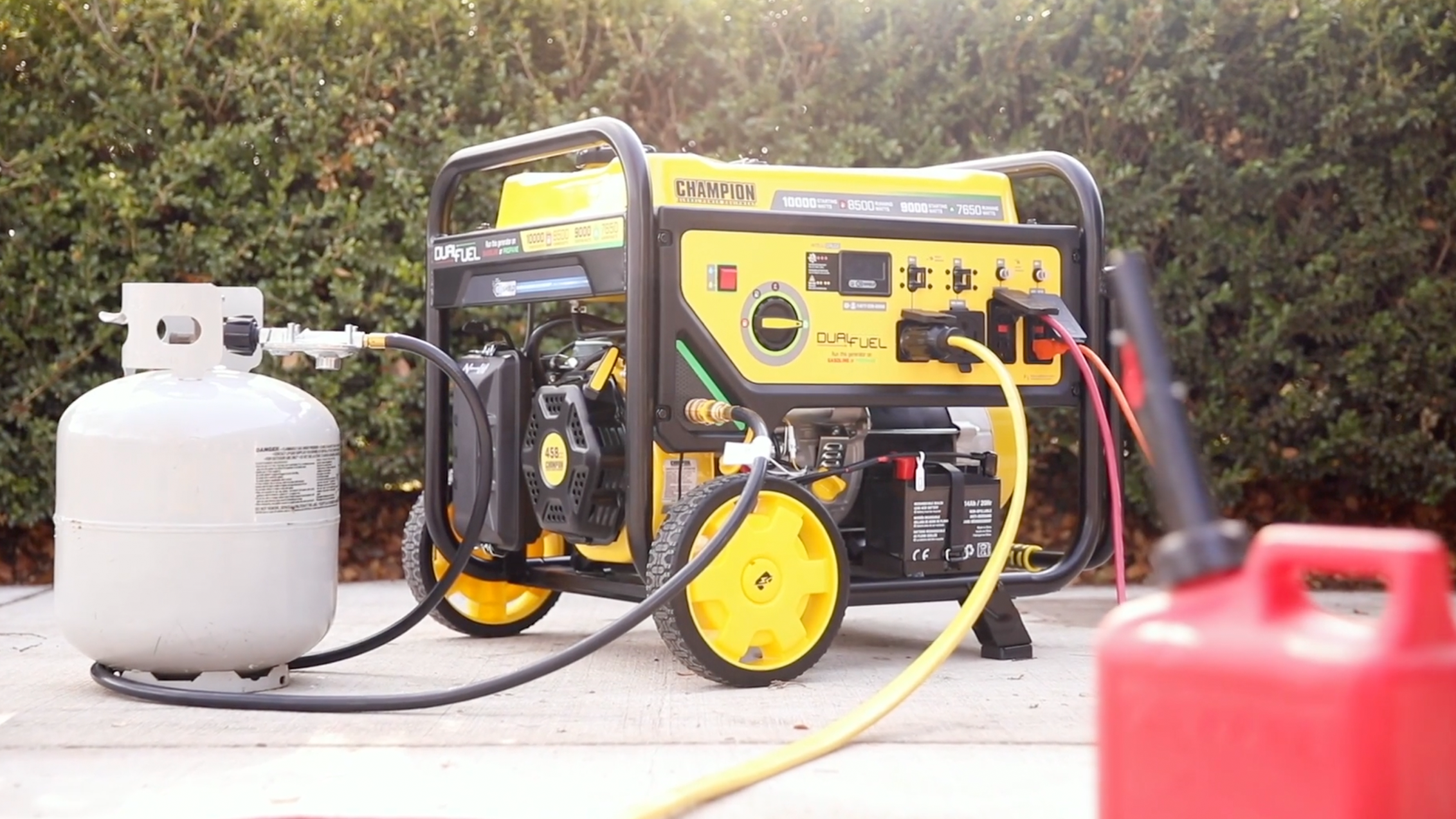 Champion video featuring a portable generator and propane tank.