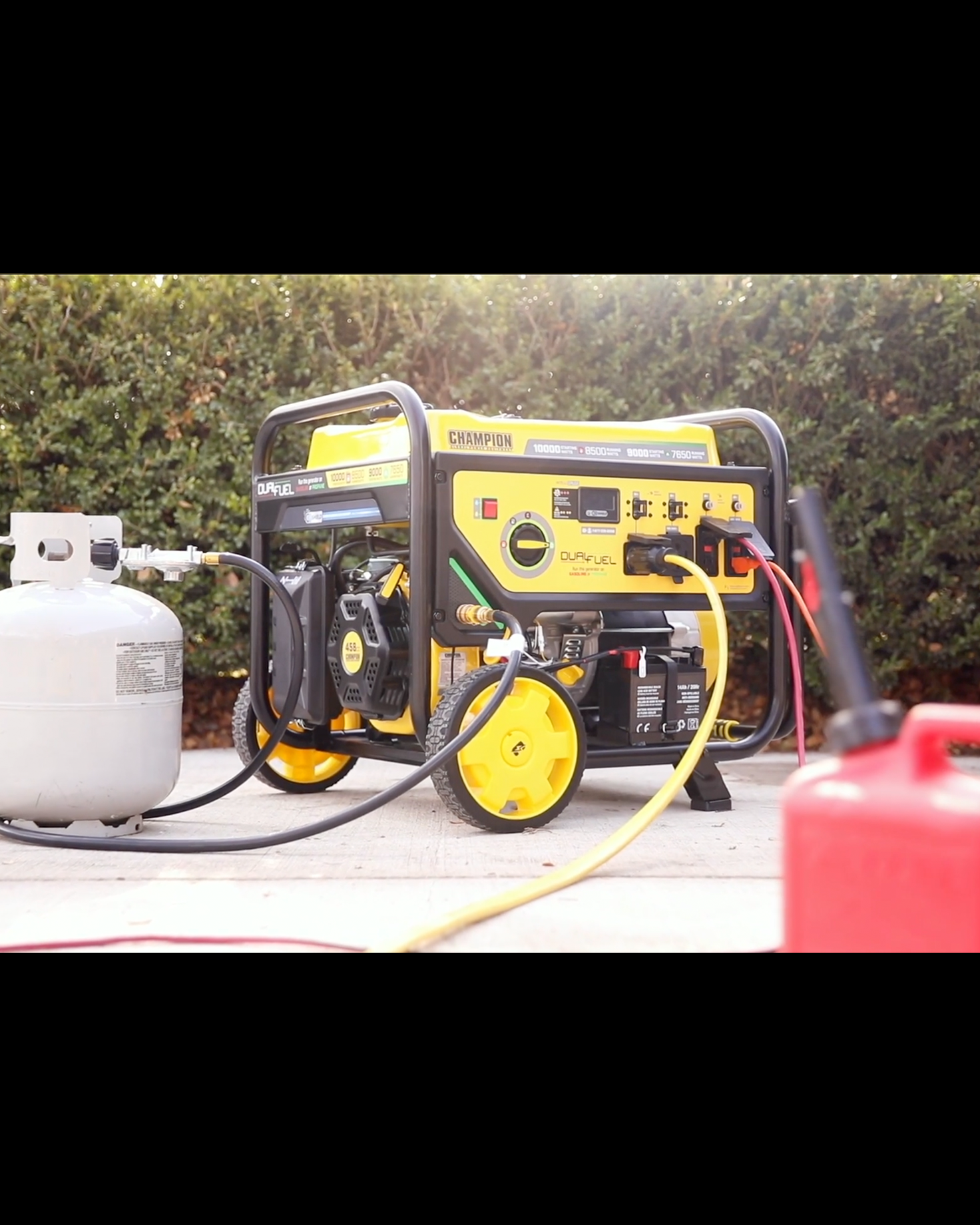 Champion video featuring a portable generator and propane tank.