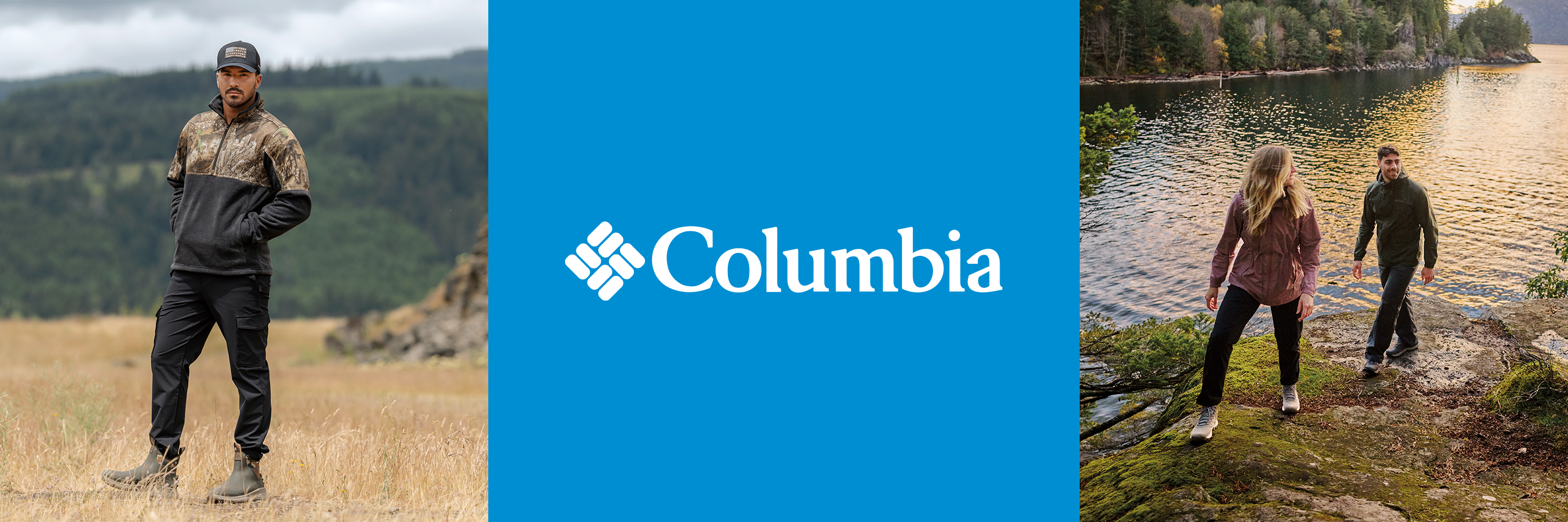 Columbia logo is shown. A man wearing Columbia outdoor apparel is shown in a field, and a man and woman wearing Columbia apparel are shown by a lake. Sponsored by Columbia.