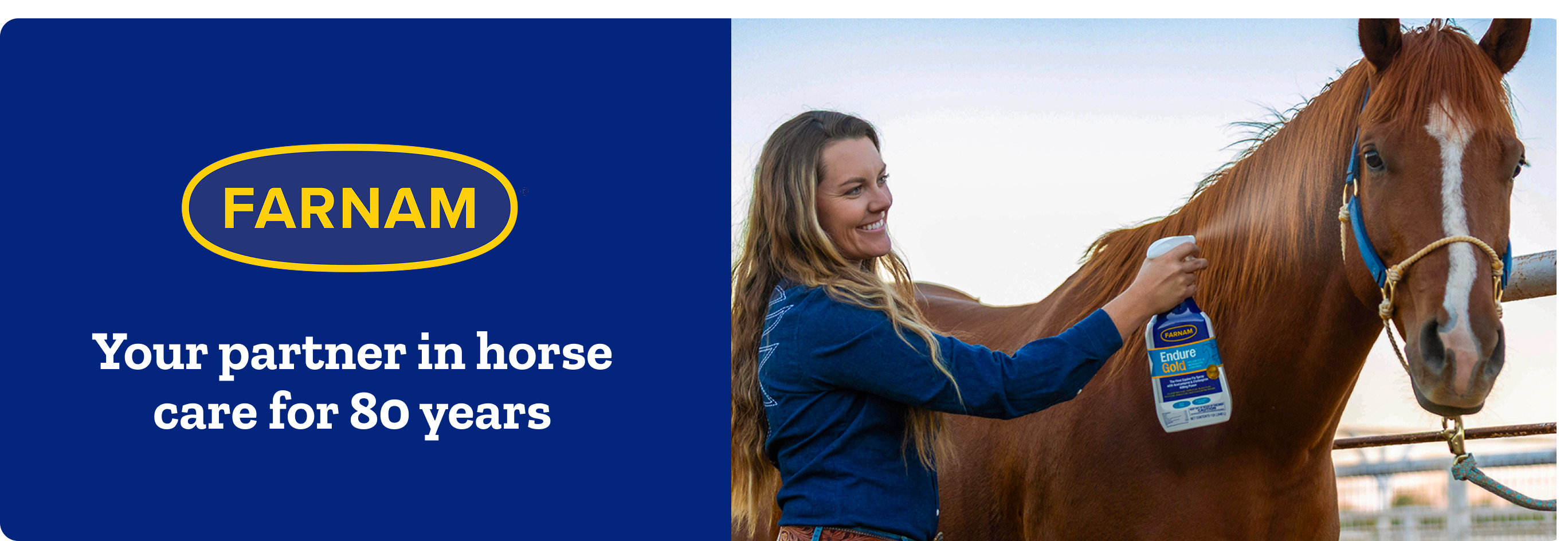 Farnam banner reading Create a No Fly Zone with a horse being sprayed for fly control. 