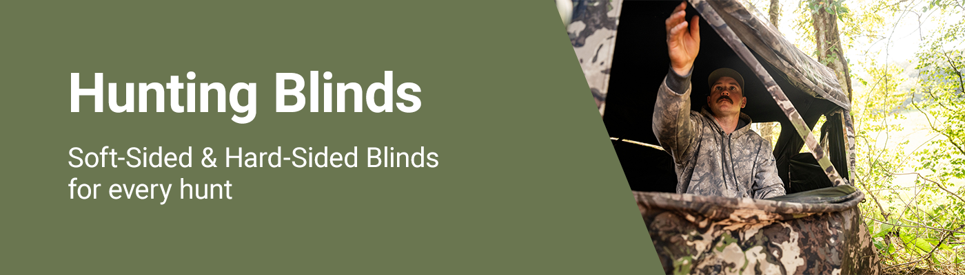 A man in camouflage clothing is shown inside a hunting blind. Banner reads, hunting blinds. Soft-sided and hard-sided blinds for every hunt.